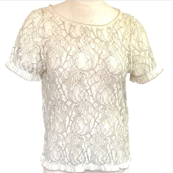 Ann Taylor LOFT Floral Lace Pleat-Ribbon Ruffle Accent Top M 151L - Picture 2 of 7